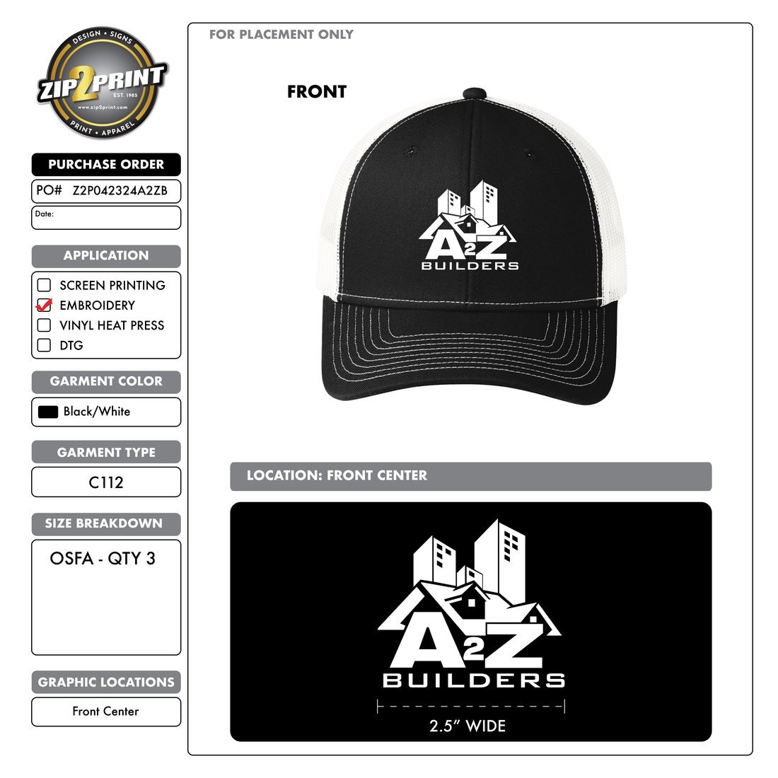 A2Z Builders logo on an embroidered cap