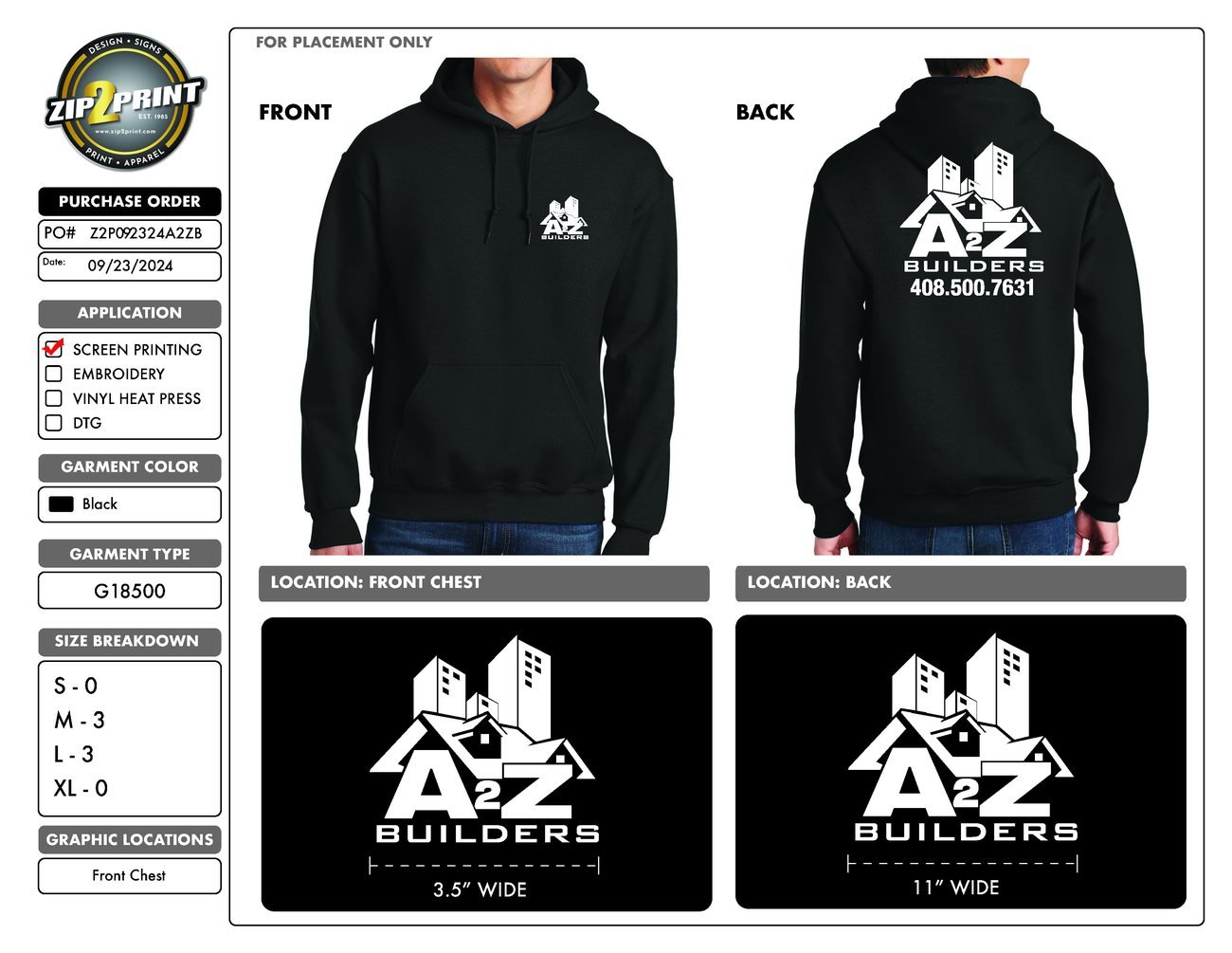 A2Z Builders logo embroidered on a black crew hoodie