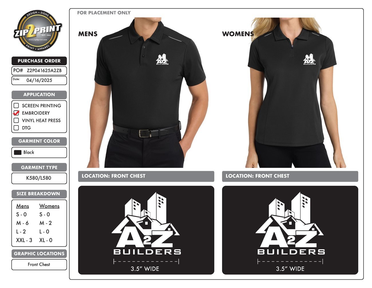 A2Z Builders branded black polo shirt