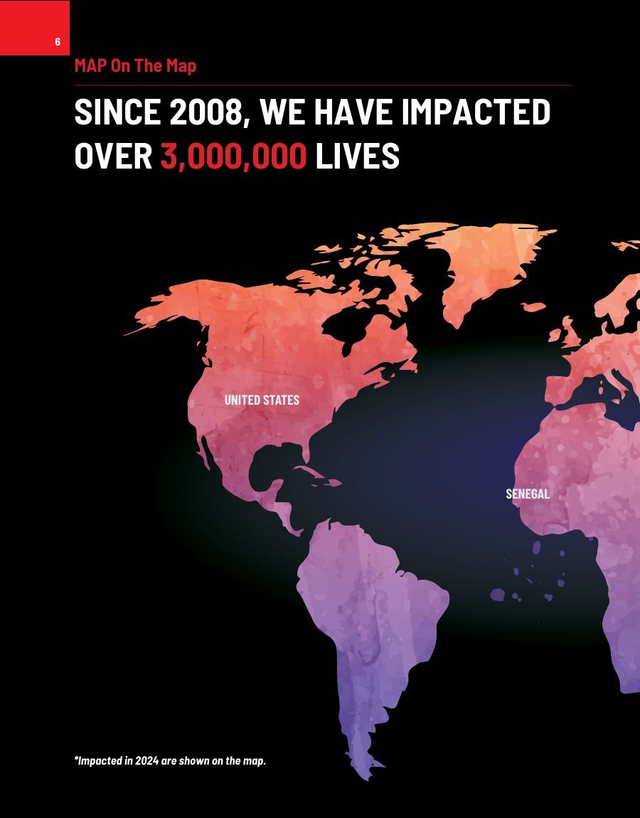 Global impact spread mapping five million lives across eighteen countries (left page)