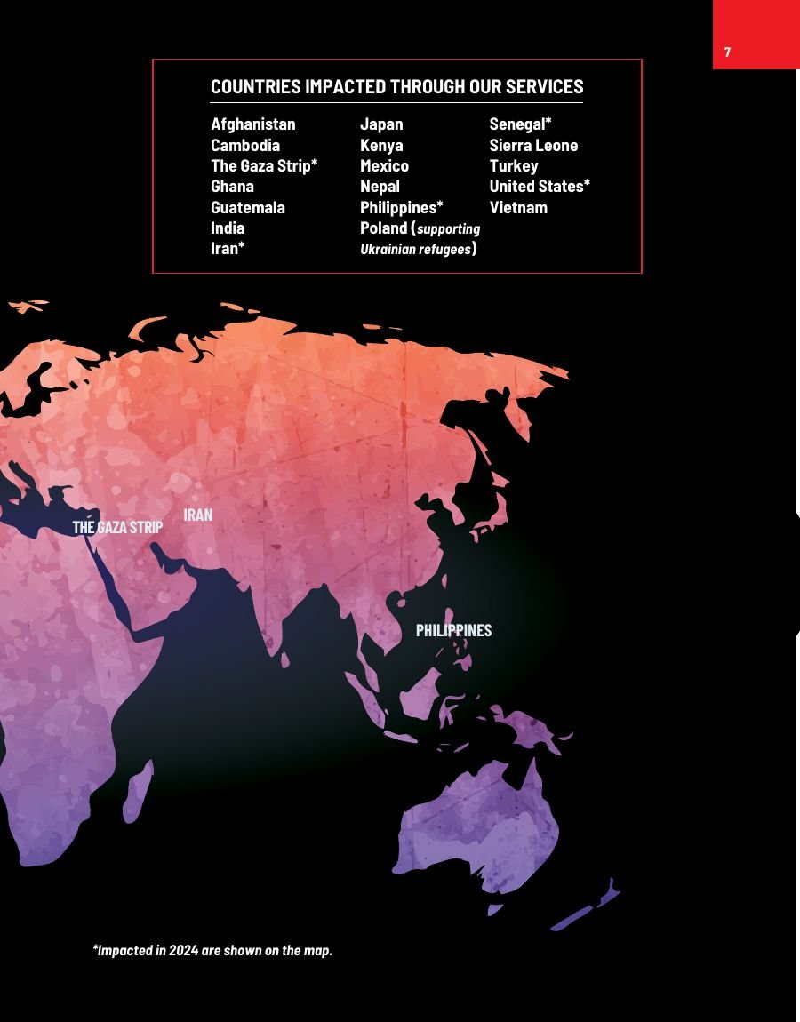 Global impact spread mapping five million lives across eighteen countries (right page)