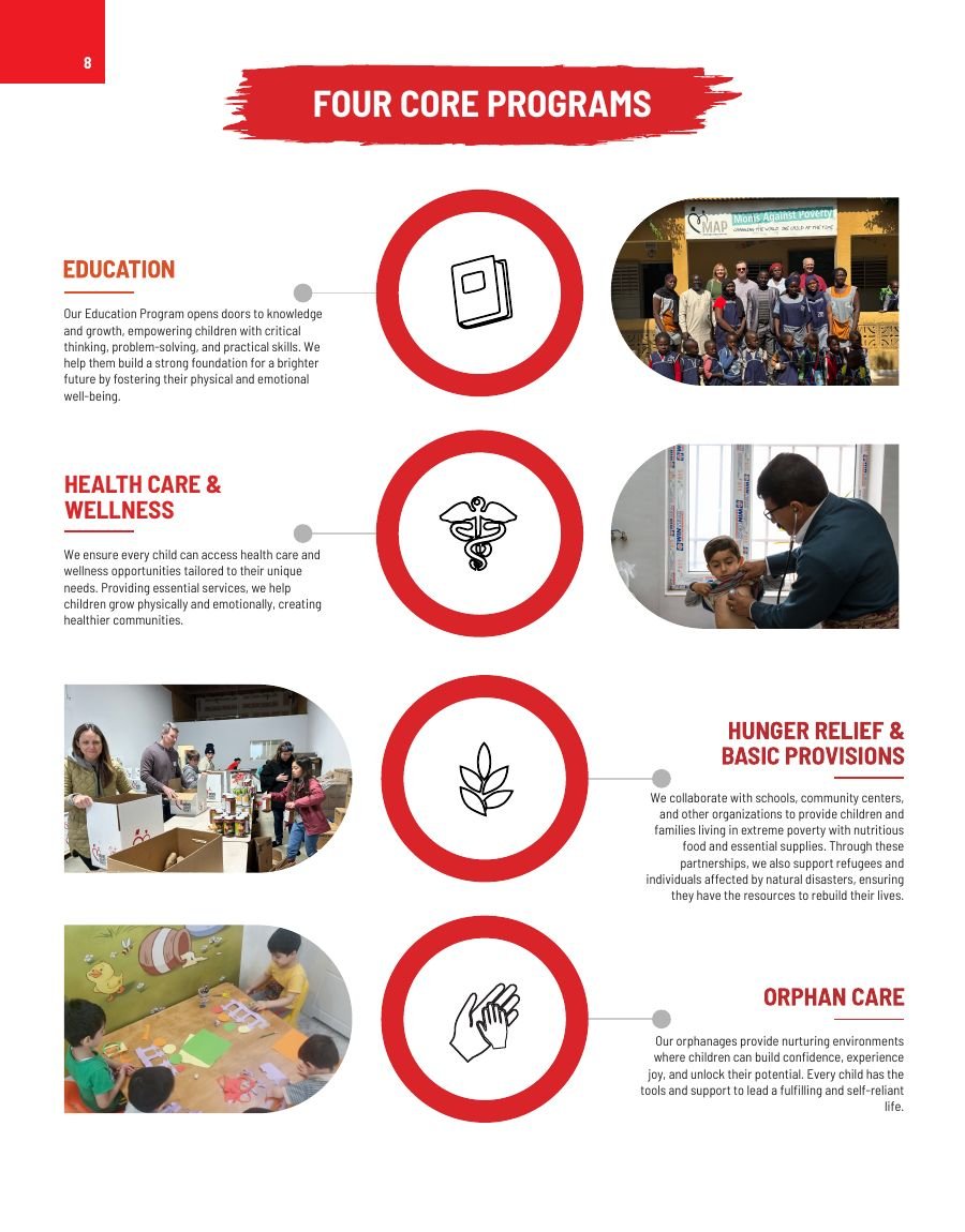 The four core programmes, followed by the year's headline figures (left page)