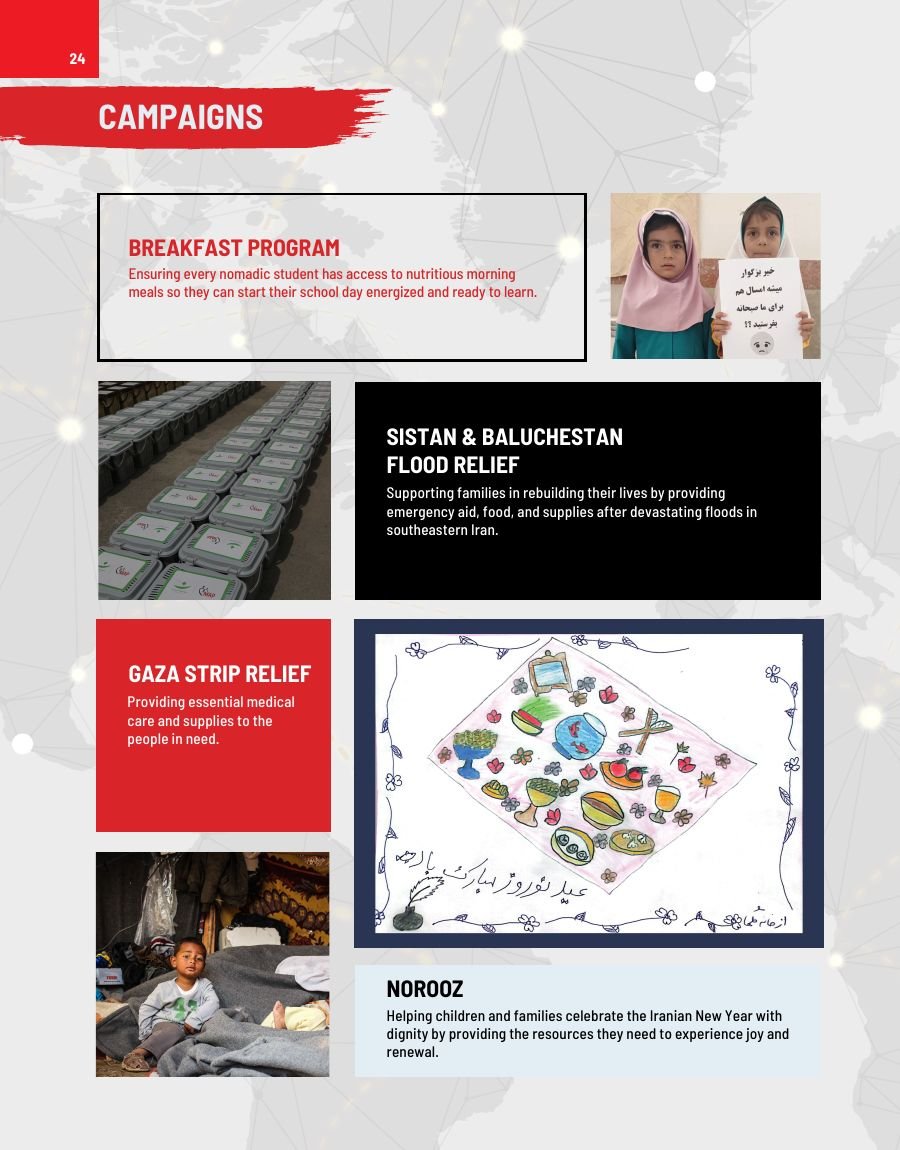 Campaign spreads — breakfast programmes, flood relief and school reconstruction (left page)