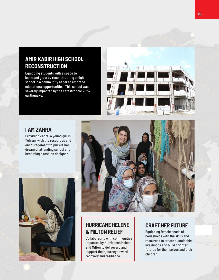 Campaign spreads — breakfast programmes, flood relief and school reconstruction (right page)