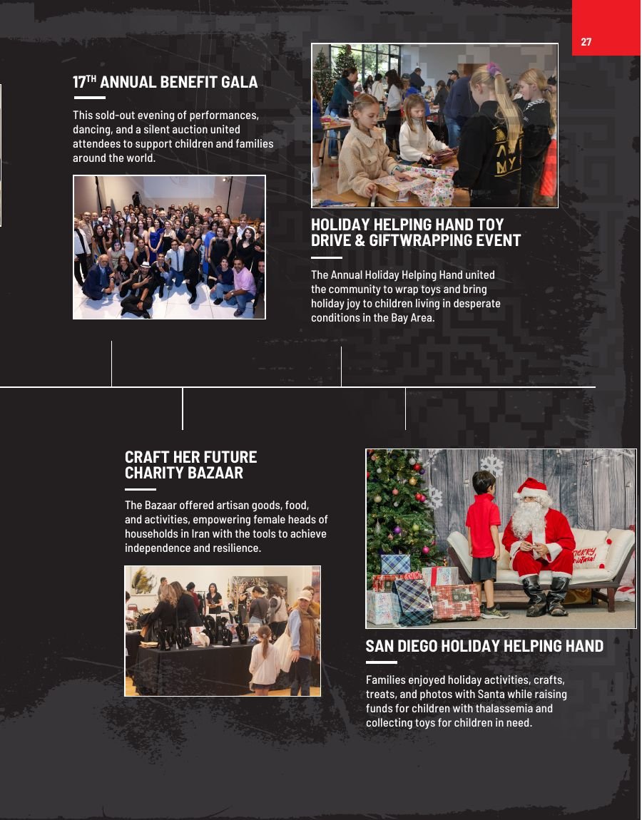 Events spreads — benefit gala, health series and charity bazaar (right page)